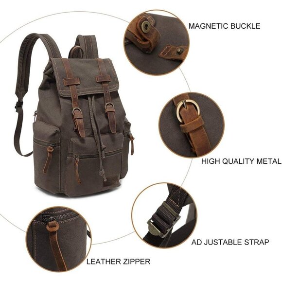 Unisex Army Green Casual Backpack 17-inch Laptop Backpack Leather Hiking Bag - Picture 2 of 7